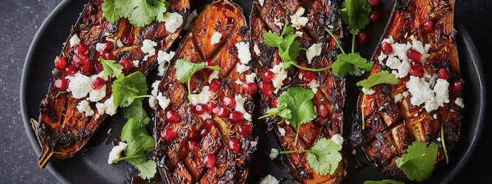 STICKY POMEGRANATE & HARISSA AUBERGINES